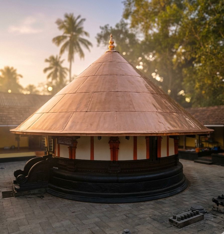 The restored circular Narasimha shrine structure with a newly completed copper-clad roof at the ancient Veeranimangalam Mahadeva Temple.